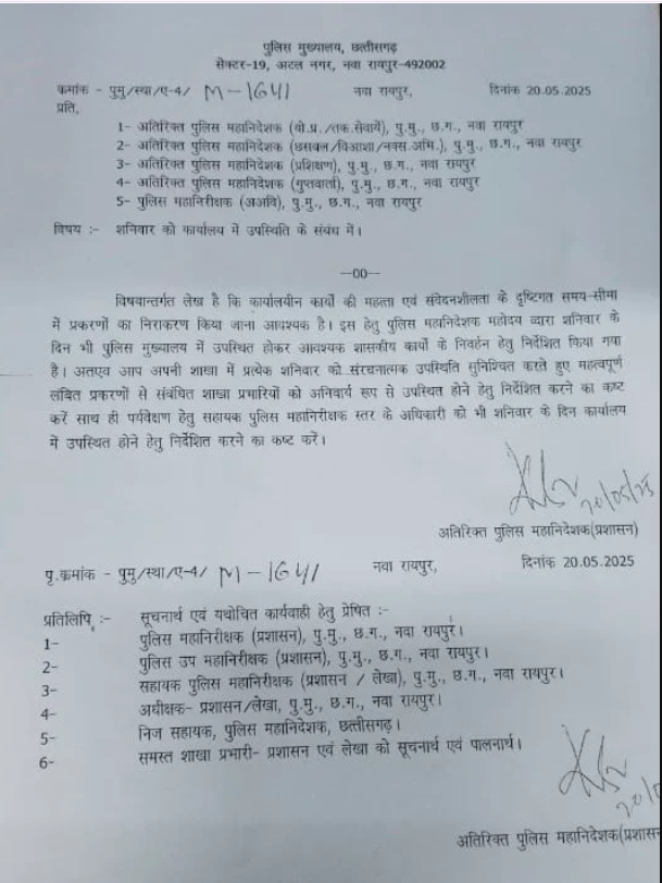 पुलिस विभाग में शनिवार की छुट्टी अनिश्चितकाल के लिए रद्द, अफसरों को हर हफ्ते करना होगा कार्य